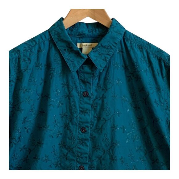 Bechamel Women Button Up Shirt Size LARGE Teal Embroidered Long Sleeve Cotton - Picture 2 of 12